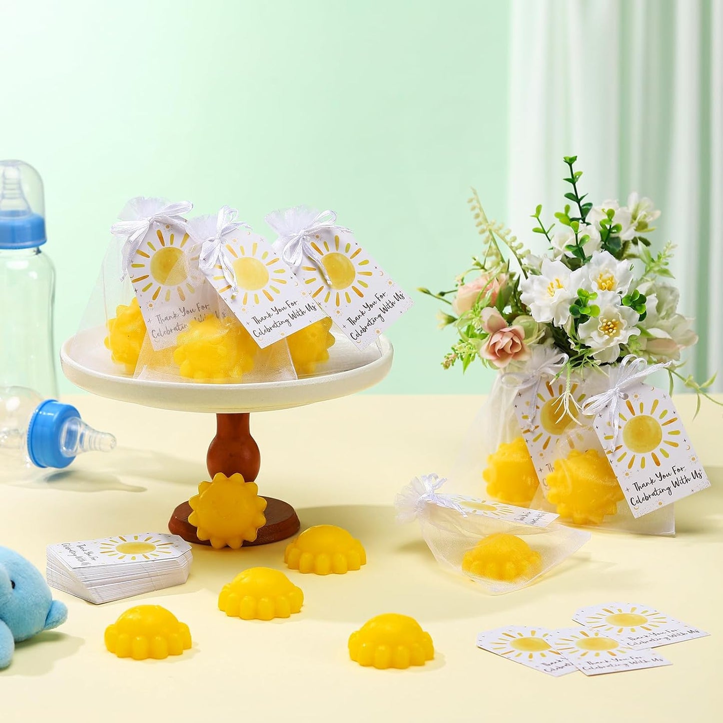 Leelosp 60 Sets Sun Soaps Baby Shower Favors Here Comes the Sun Baby Shower Gifts Mini Handmade Soaps with Thank You Card and Organza Bags for Guest Gender Reveal Sunshine Party Decor (Yellow,Cute)