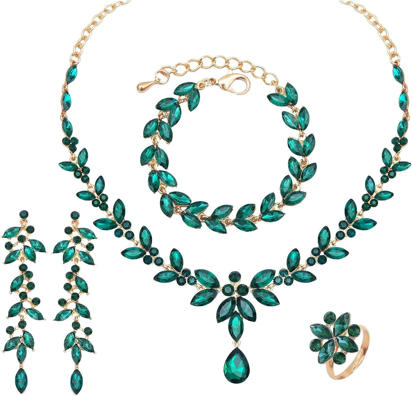 CSY 4 Pcs Elegant Bridal Jewelry Sets Austrian Marquise Crystal Wedding Necklace Dangle Earrings Tennis Bracelet Ring Set for Bride Women Costume Accessories