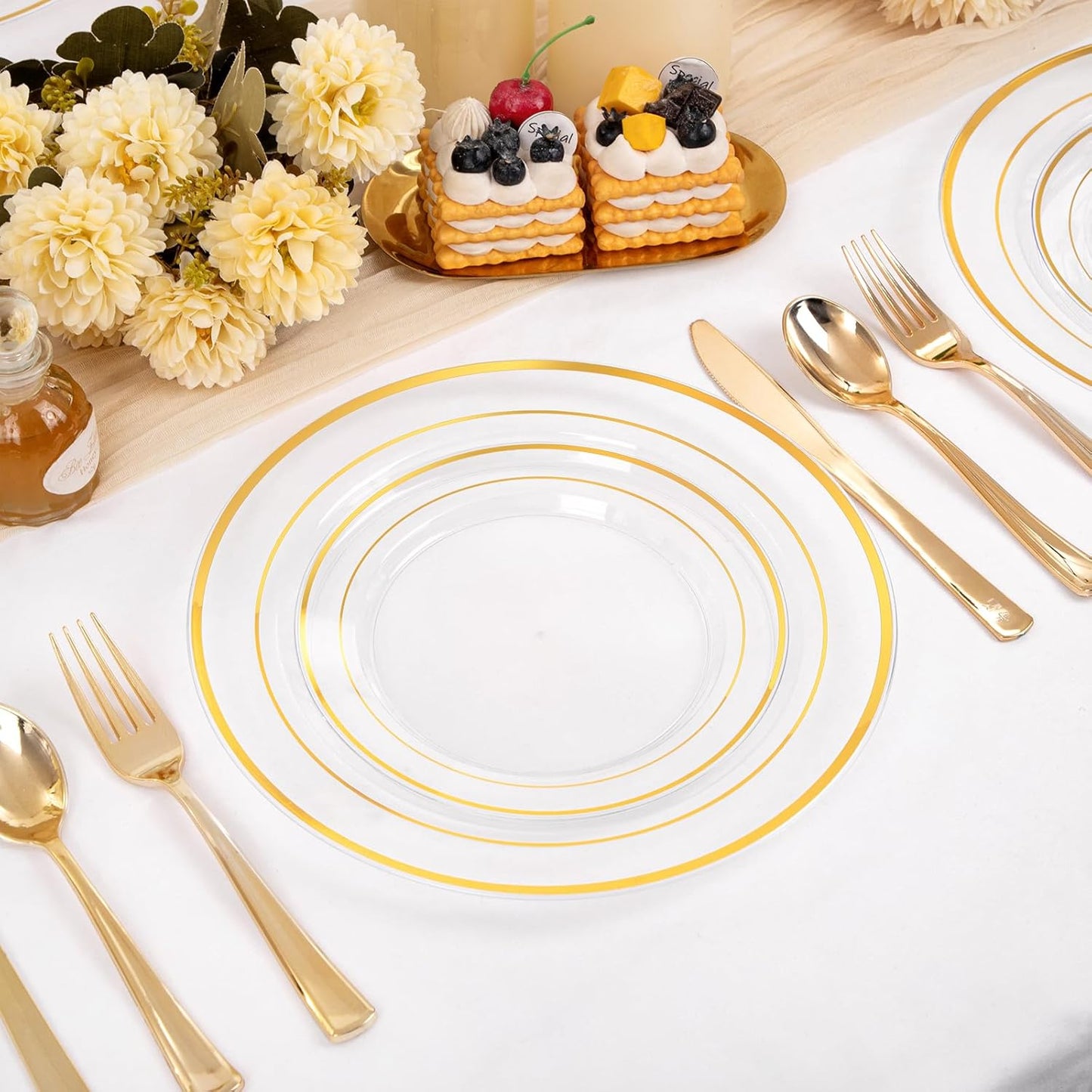 I00000 200 Pcs Clear Gold Plastic Plates - Disposable Party Plates, Gold Plate Disposable Include 100 Dinner Plate and 100 Dessert Plate, Plastic Plate for Party, Holiday, Wedding & Birthday