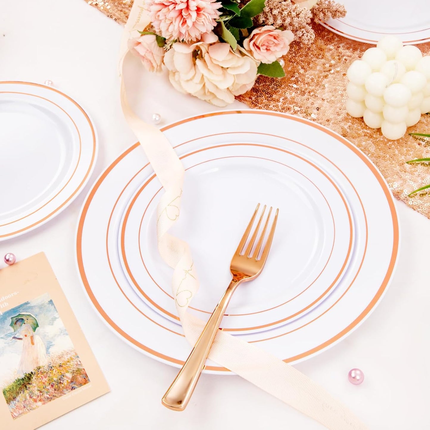 FLOWERCAT 60PCS Rose Gold Plastic Plates - Heavy Duty Rose Gold Plates Disposable for Christmas Party/Wedding- Include 30PCS 10.25inch Dinner Plates and 30PCS 7.5inch Dessert Plates