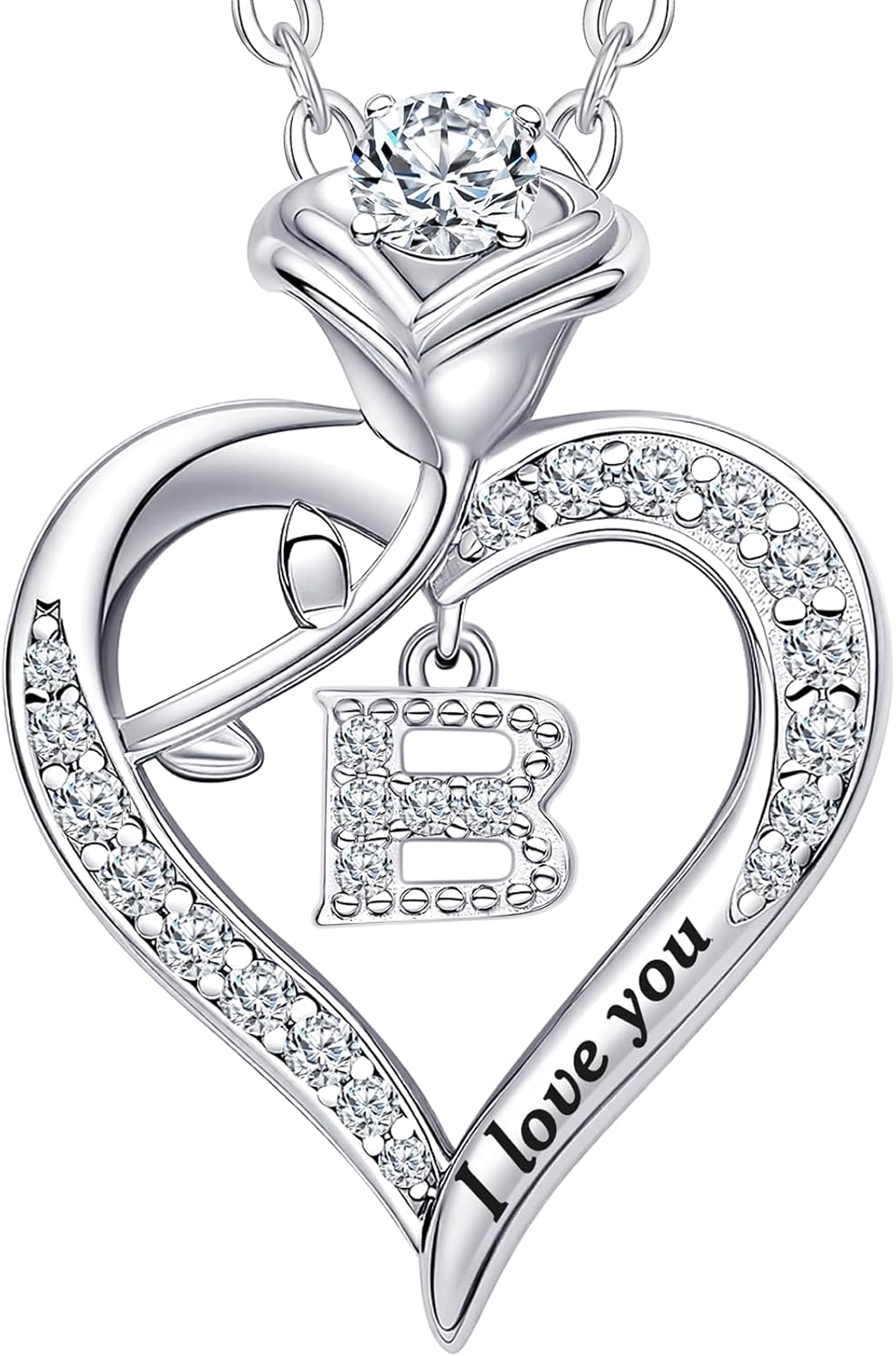 Rose Heart Pendant Necklace Gifts for Wife, Engraved 'I love you' Gift for Wife Girlfriend, Anniversary Birthday Eternity Jewelry Present for Women, Moissanite Necklace Gift for Her