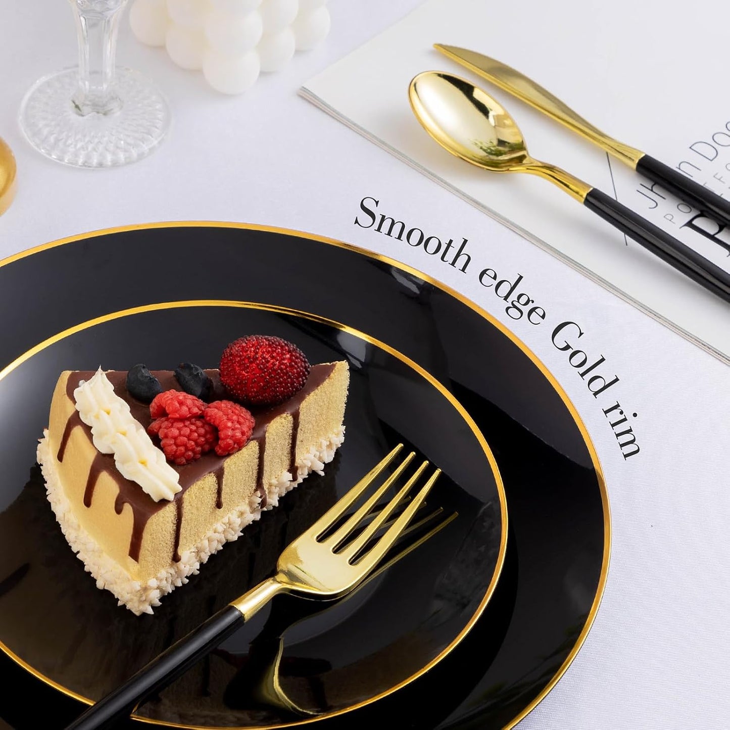 350 Pieces Black Gold Plastic Dinnerware Set, Gold Disposable Plates for Party, Include 100 Black Plates with 150 Plastic Cutlery, 50 Napkins and 50 Cups