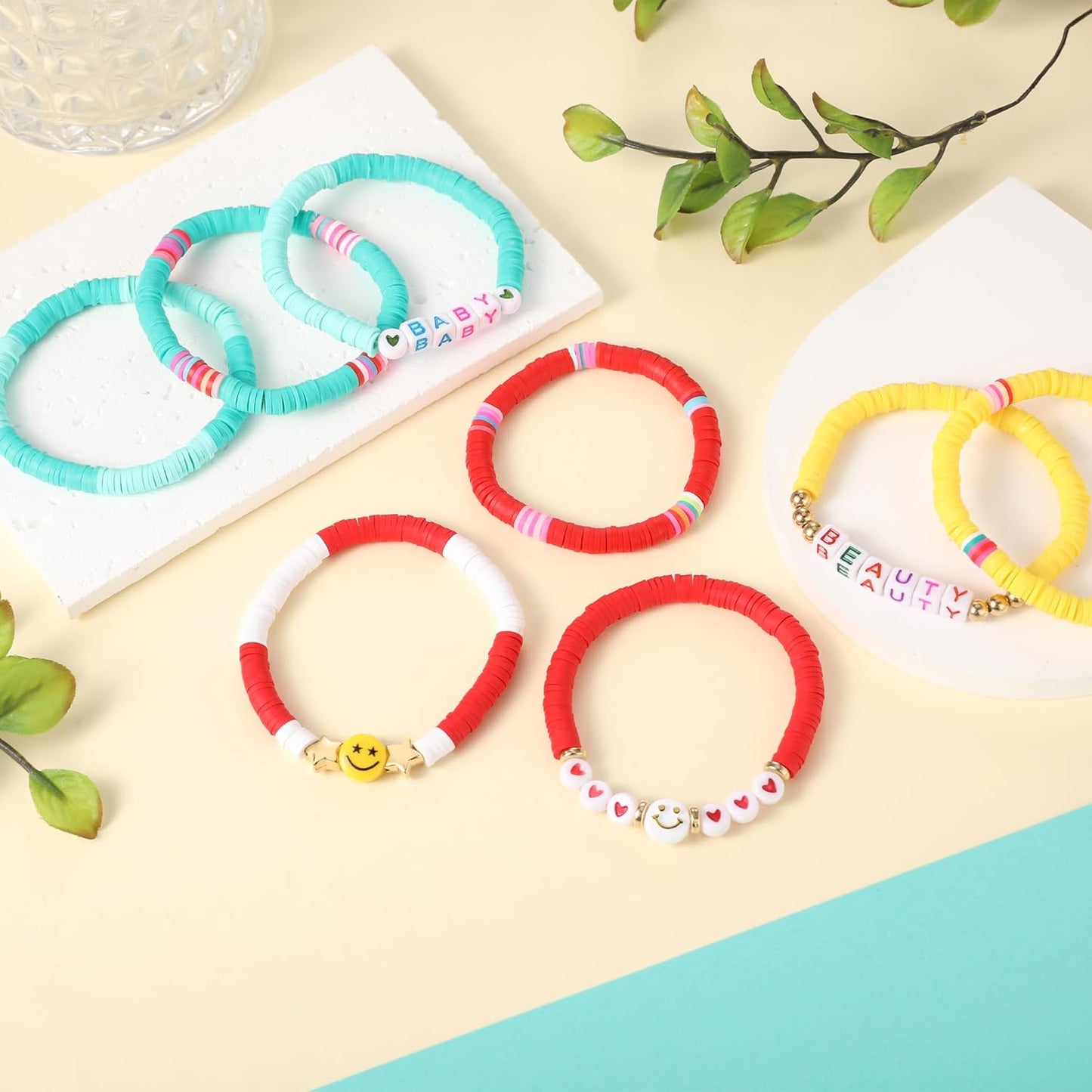 Preppy Bracelets Set Colorful White Gold Smile Heart Star Polymer Beaded Pearl Clay Stackable Charm Y2K Kidcore Aesthetic Summer Beach Bohemian Stretch Layering Bracelets Jewelry for Girls Women Teens