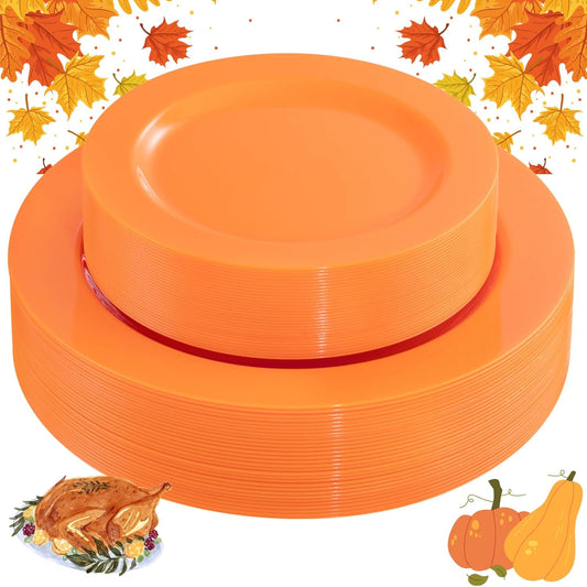 FLOWERCAT 60PCS Orange Plates - Heavy Duty Orange Plastic Plates Disposable for Halloween & Thanksgiving Party - Serve 30 Guests 10.25inch and 7.5inch