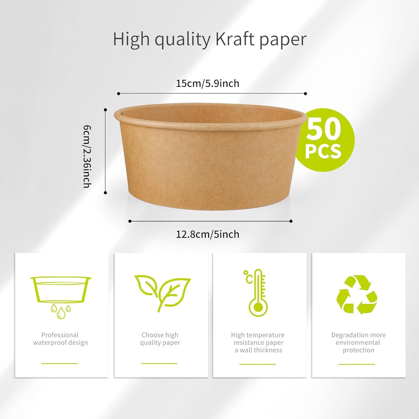 50 Pack 25 oz Paper Bowls, Disposable Soup Bowls, Heavy-Duty Salad Bowls, in Food Grade Kraft Paper Made, Eco-Friendly Durable No Leakage for Dessert Camping Food Party Disposable Serving Bowls