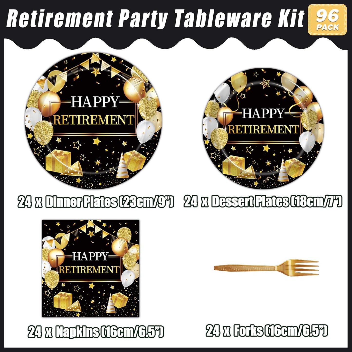 96 Pcs Retirement Party Plates and Napkins Set, Happy Retirement Party Supplies Decorations for Men Women Gold and Black Farewell Going Away Disposable Dinnerware Tableware Kit, Serves 24