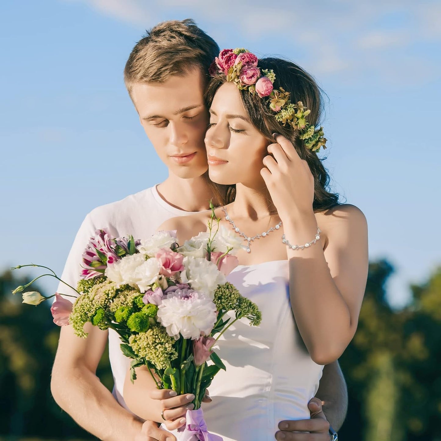 Wedding Silver Jewelry Set for Women Cubic Zirconia Necklace Earrings Bracelet Sets for Bride Wedding Costume Jewelry for Bridesmaid