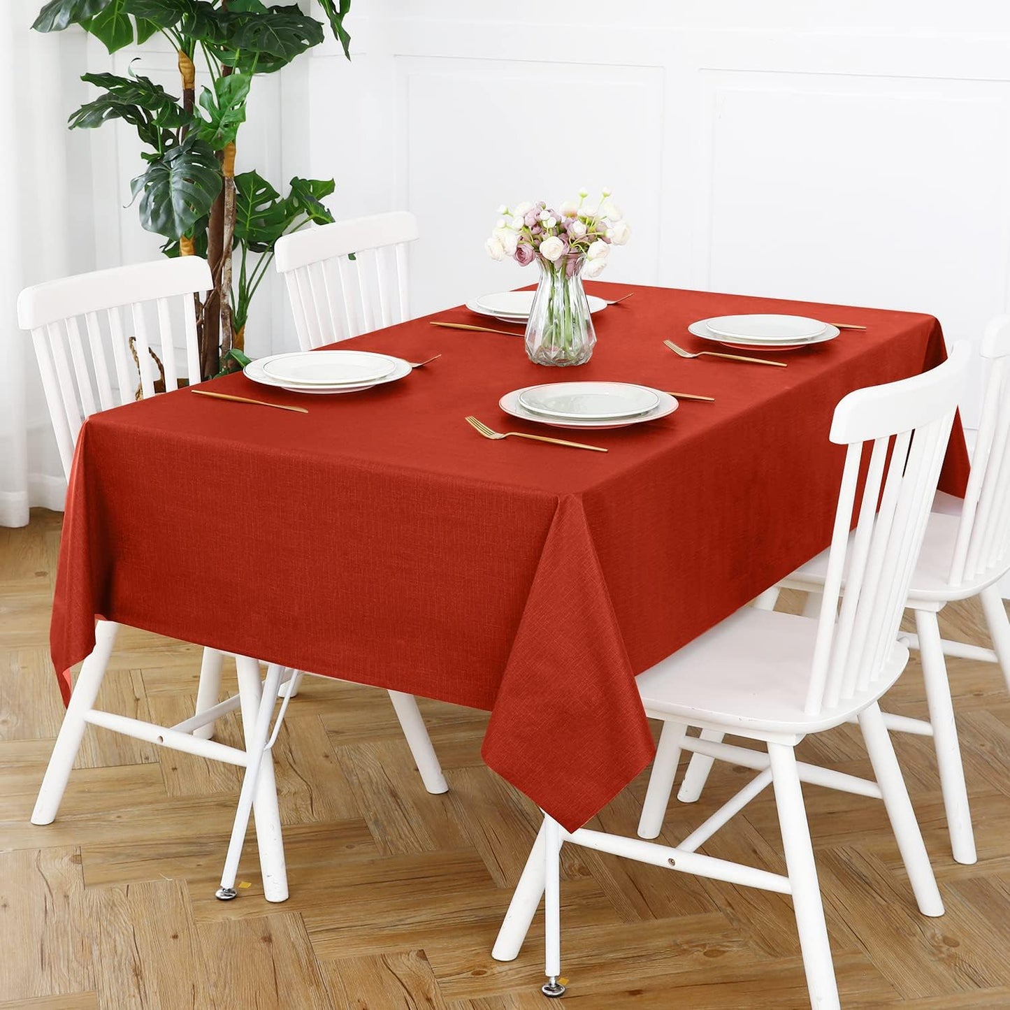 Romanstile Christmas 100% Waterproof PVC Tablecloth, Square Oil Spill Proof Stain Resistant Vinyl Table Cloth, Wipe Clean Plastic Table Covers for Kitchen/Dining/Parties - 54 x 54 Inch, Red