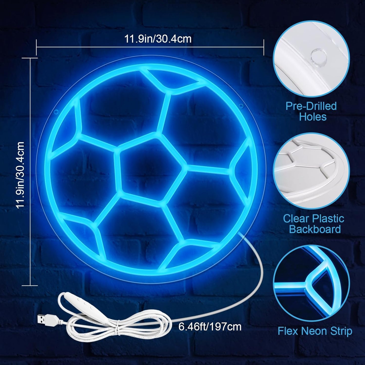Soccer Neon Sign,Soccer LED Neon Signs for Wall Decor, Dimmable USB-Powered Football Light with ON/OFF Switch for Bedroom, Living Room, Game Room, Club, Kids Holiday Gifts