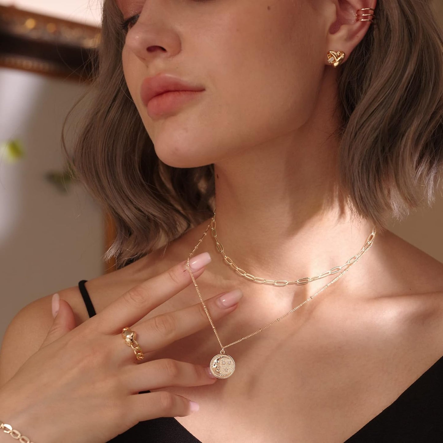 MEVECCO Layered Heart Necklace Pendant Handmade 18k Gold Plated Dainty Gold Choker Arrow Bar Layering Long Necklace for Women