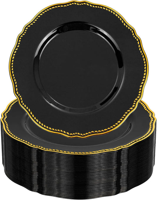 Hioasis 60pcs Black Plastic Plates - Black and Gold Disposable Dinnerware with Gold Rim, Heavy-duty, 7.5 inch, Dessert Plates for Party & Halloween