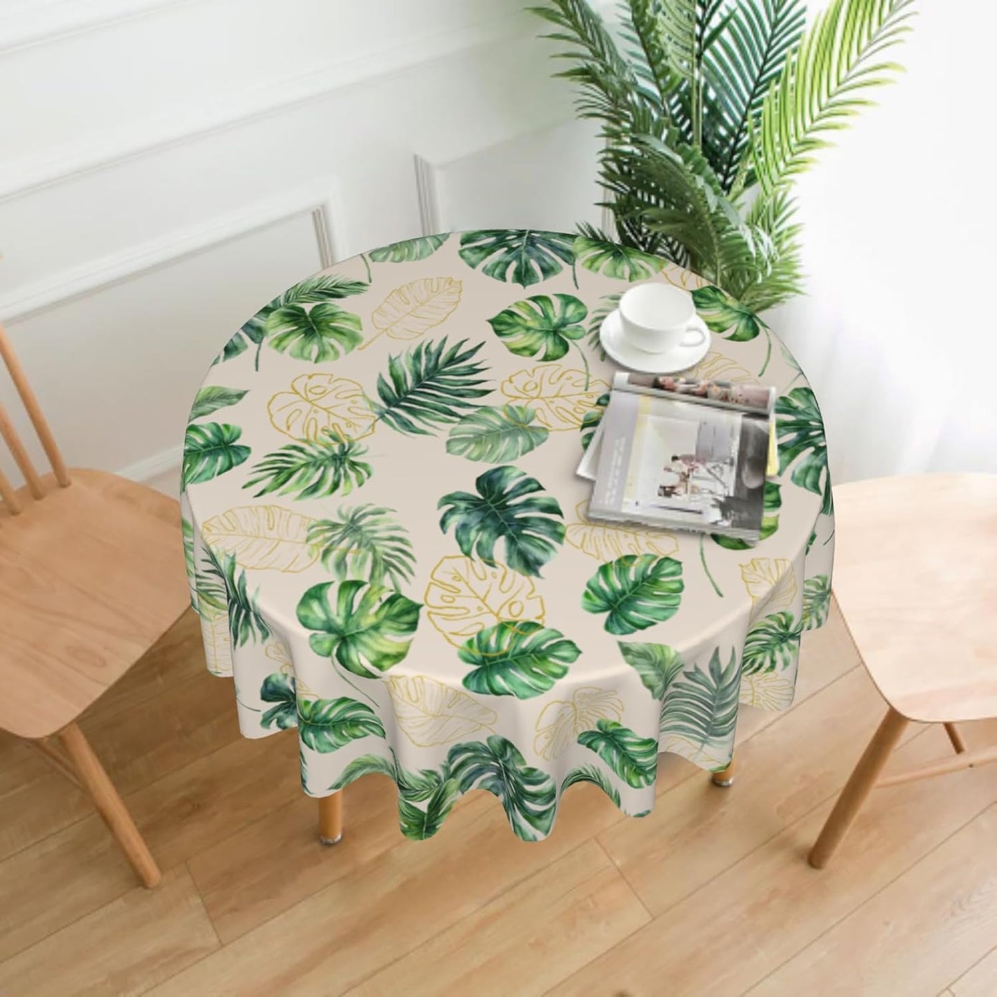 Giwawa Summer Tropical Leaf Tablecloth Round Hawaiian Monstera Palm Tree Leaves Table Cover Polyester Circle Washable Table Cloth 60in for Dining Kitchen Party Indoor Outdoor Decor