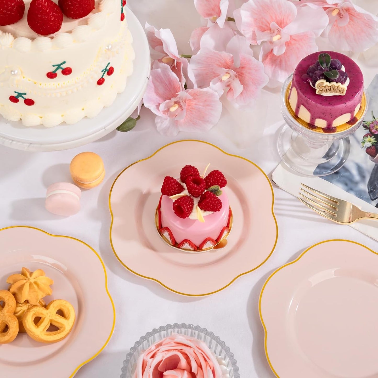 Liacere 100PCS Pink Dessert Plastic Plates - 7inch Disposable Floral Pink Gold Appetizer Cake Small Plates - Perfect for Wedding & Party & Holiday & &Baby Show
