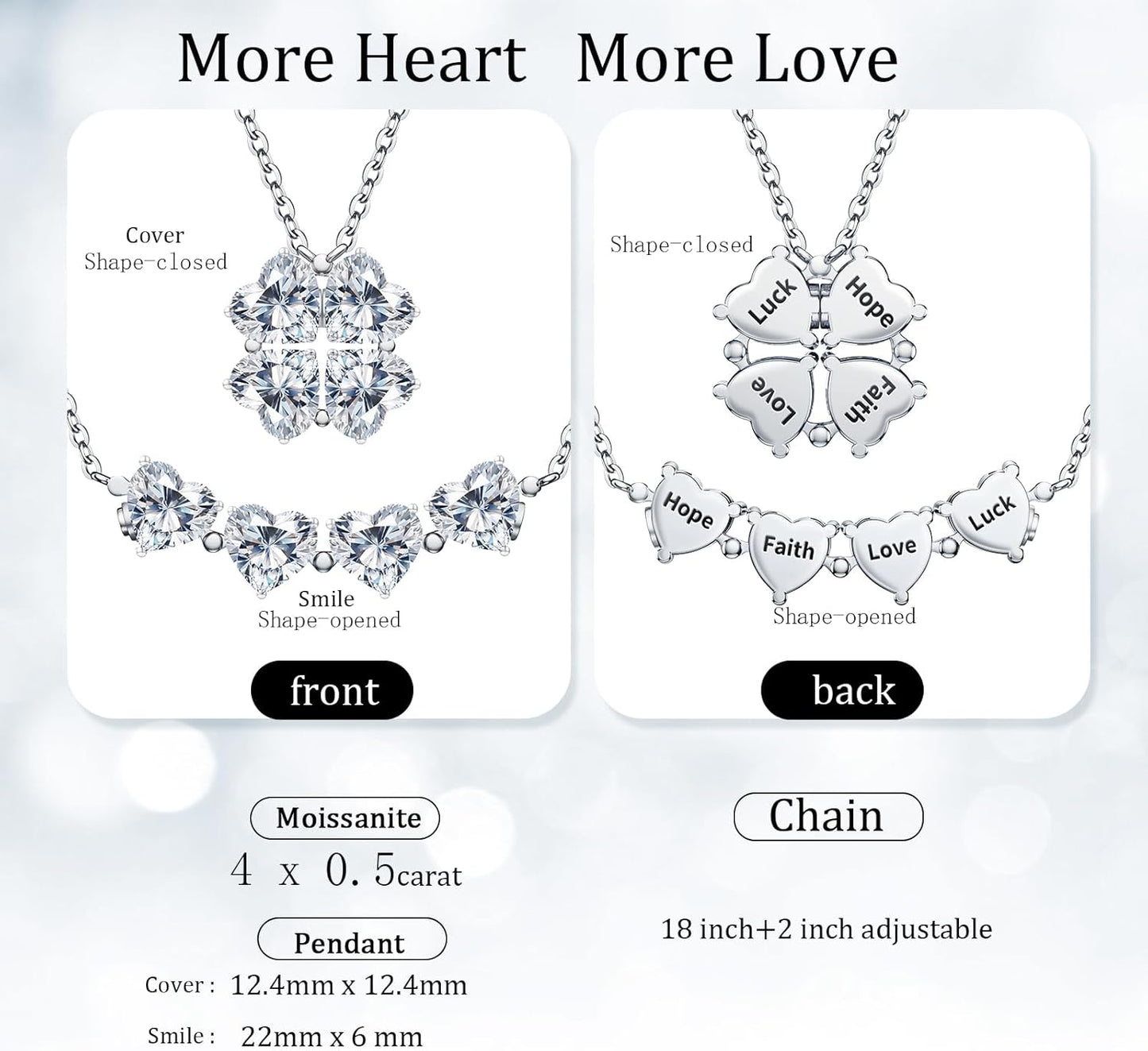 Luckylove 2-In-1 Four Heart Necklace for Women, 4 or 2 Carats Moissanite, Sterling Silver Jewelry, Anniversary Birthday Christmas Valentines Day, Special Gifts For Wife Girlfriend Daughter Her