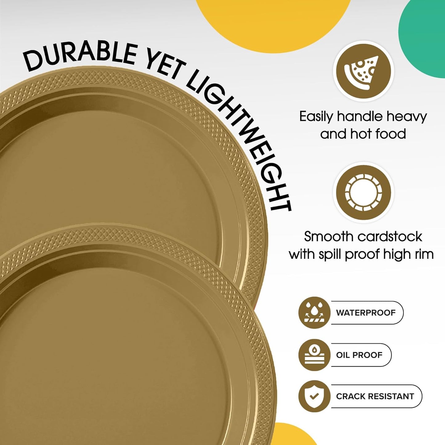 Party Solids Gold Plastic Plates Bulk 10" Gold Disposable Plates For Party Supplies 600 Pieces Disposable Dinner Plate Heavy Duty 350 GSM Plate Sets, Plastic Dinnerware Sets