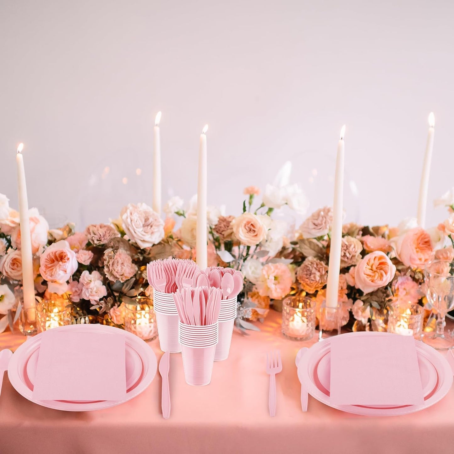 Aodaer 200 Pieces Pink Party Supplies Disposable Dinnerware Set Include Plastic Plates Cups Knives Forks Spoons Paper Napkins for Birthday Wedding Graduation Parties, Serve 25 Guests