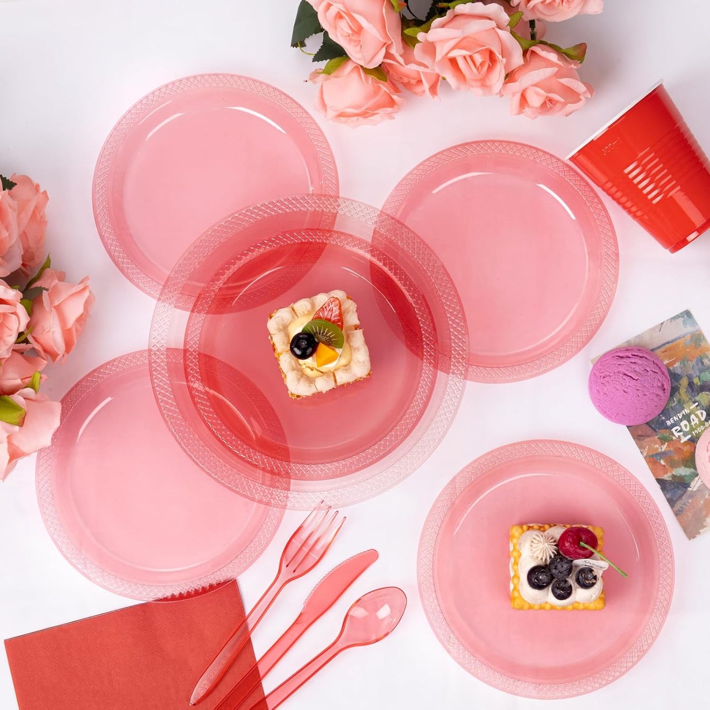 WELLIFE 210Pcs Clear and Red Christmas Plates Set,Red Plastic Plates,Christmas Party Supplies Including disposable Plates, 12OZ Cups, plastic Cutlery and Napkins Serve 30 Guests