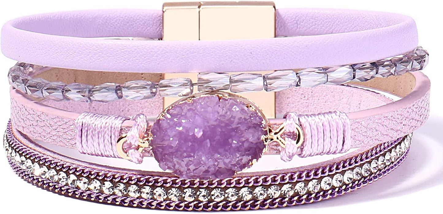 FANCY SHINY Leather Wrap Bracelet Boho Cuff Bangle Bracelets Crystal Bead Bracelet with Magnetic Clasp Jewelry Gifts for Women