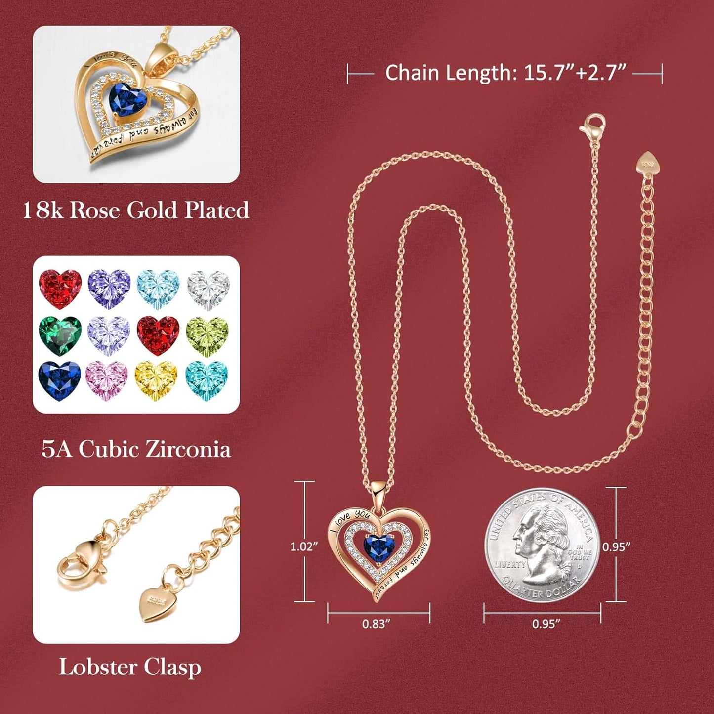 REDBEE Necklaces for Women Birthstone Heart Necklace Jewelry for Wife Girlfriend Woman Necklace