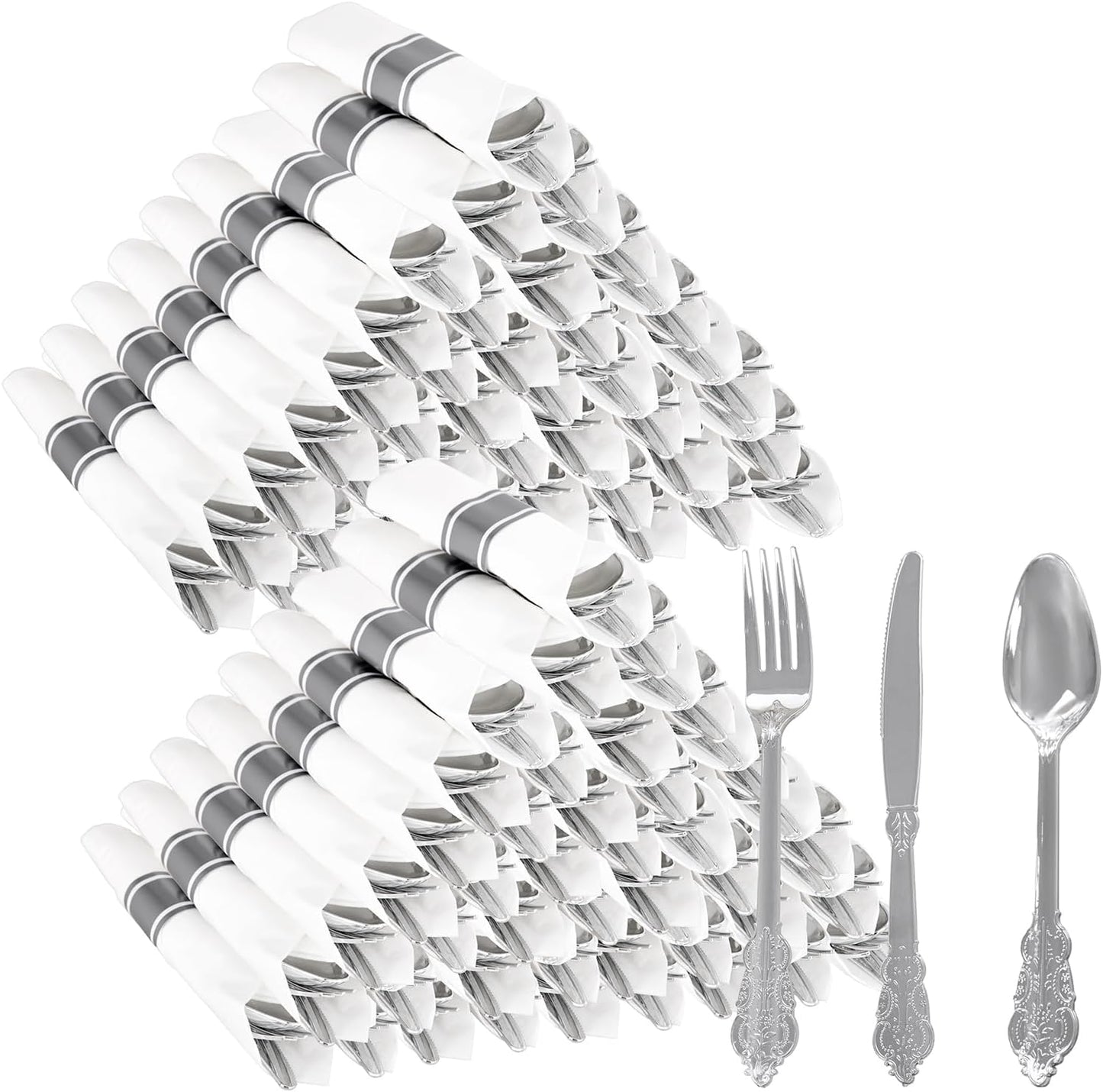WELLIFE 50 Pack Silver Plastic Silverware, Plastic Cutlery Set Include 50 Forks, 50 Knives, 50 Spoons and 50 Pre Rolled Napkins, Disposable Utensils for Party and Wedding