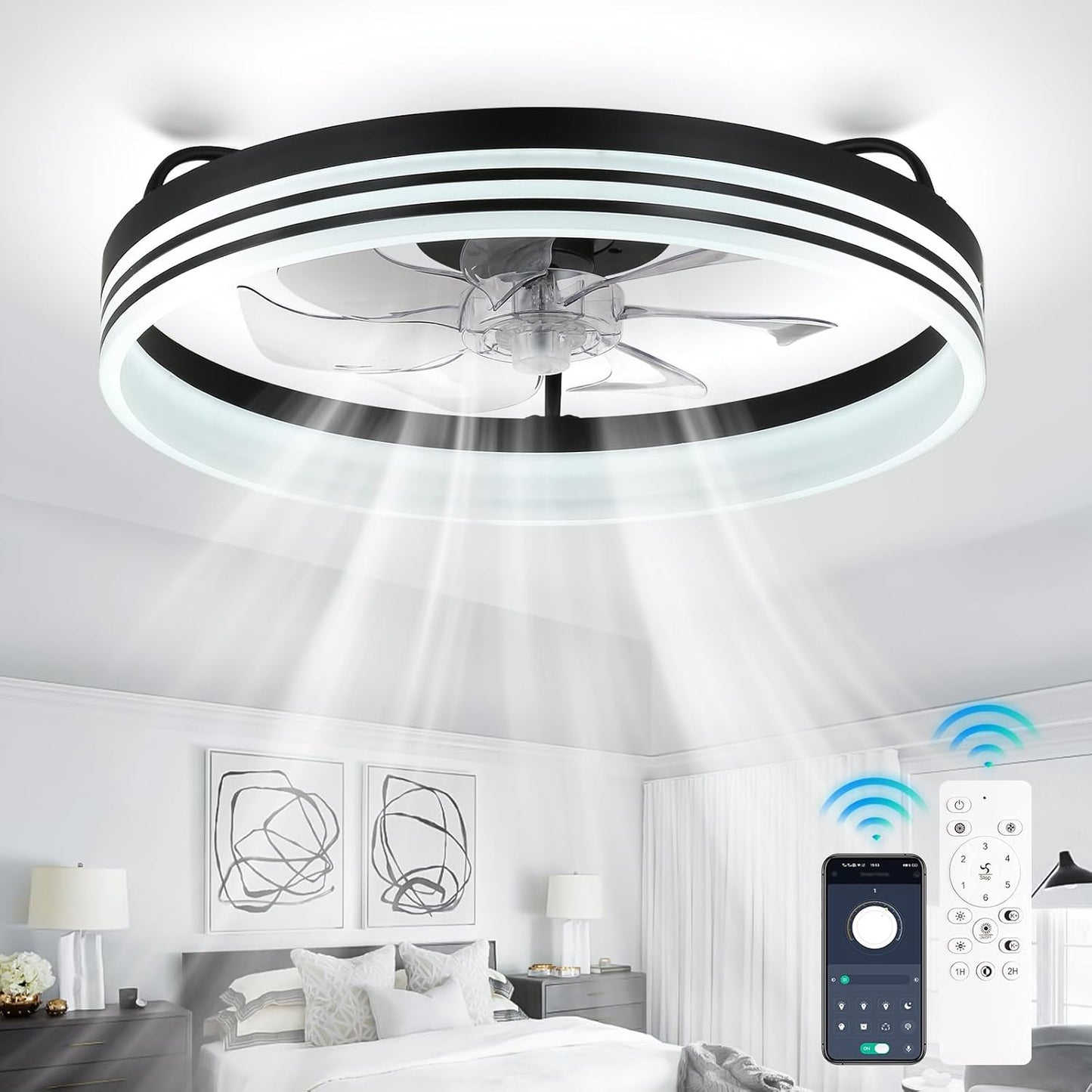 Ceiling Fans with Lights and Remote 20'' Flush Mount Ceiling Fan Dimmable Fandelier LED Fan Light Low Profile Ceiling Fan with 6 Speeds for Bedroom Kitchen and Living Room(Black)