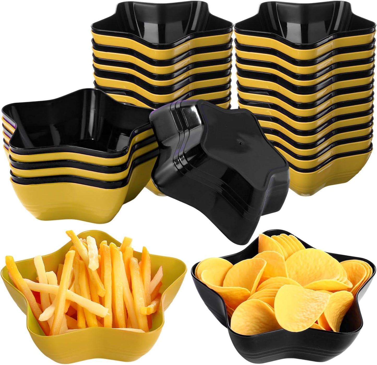 Honeydak 20 Pcs Black and Gold Star Shaped Plastic Bowls Star Dessert Plates Snack Salad Bowl Party Candy Bar Containers Serving Dishes for Chips Buffet Salad