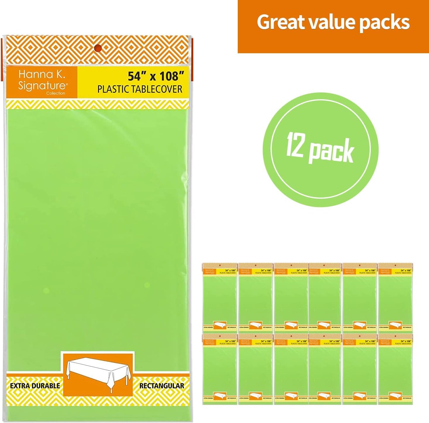 Lime Green Disposable Plastic Tablecloth for Rectangle Tables (12 Pack) Premium Decorative Table Covers, for Parties, Events and Weddings, Indoors & Outdoors, 54 x 108 inch, Rectangle, Lime Green