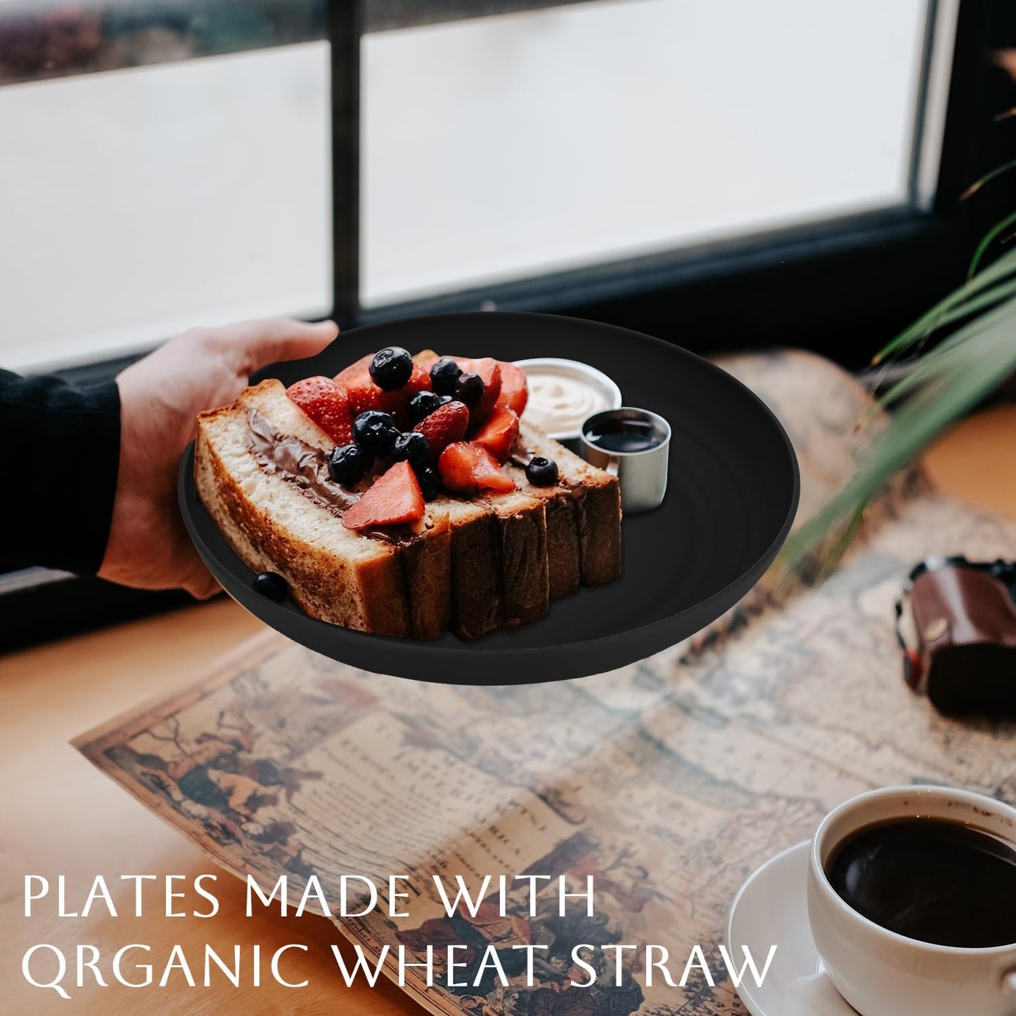 Homienly Deep Dinner Plates Set of 8 Alternative for Plastic Plates Microwave and Dishwasher Safe Wheat Straw Plates for Kitchen Unbreakable Plate Set for Camping, Picnic, Party (Black, 9 inch)