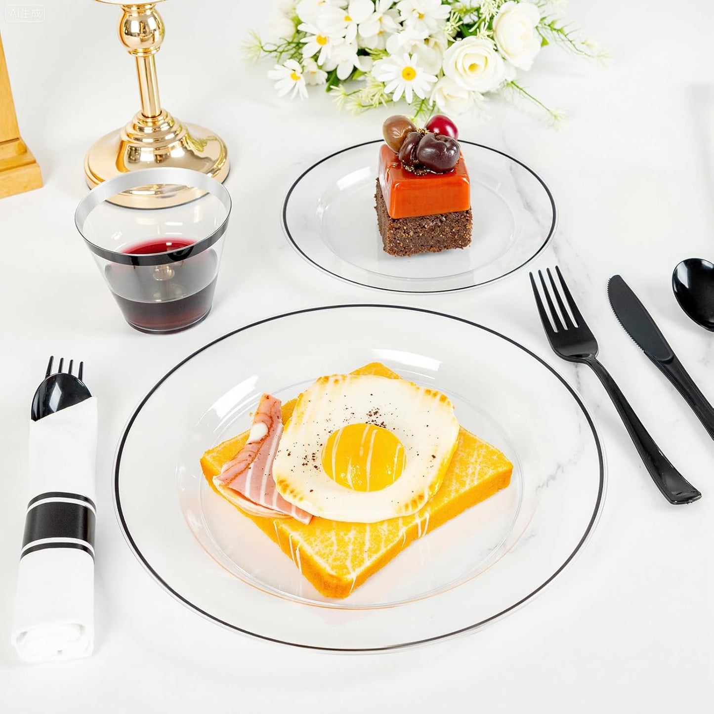 SUT 350 Pcs Black and Clear Plastic Dinnerware Set for 50 Guests, Include: 50 Dinner Plates, 50 Dessert Plates, 50 Pre Rolled Napkins With Silverware, 50 Cups, Disposable Plates for Party