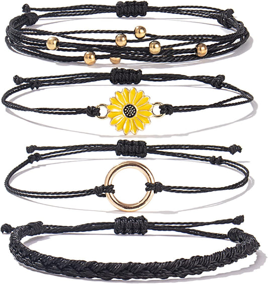 FANCY SHINY Sunflower String Bracelet Boho Braided Rope Wrap Bracelets Cute Summer Beach Surfer Jewelry for Women Christmas Gifts