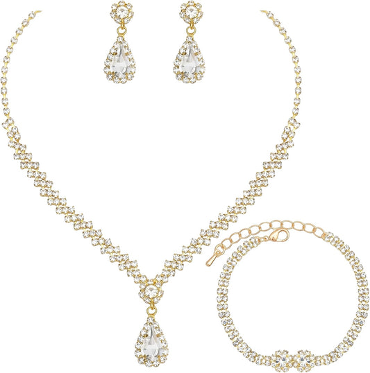 HONGLU Elegant Crystal Necklace Earrings Bracelets Set Silver Bridal Wedding Jewelry Sets Bride Bridesmaids Prom Formal Costume Accessories for Women