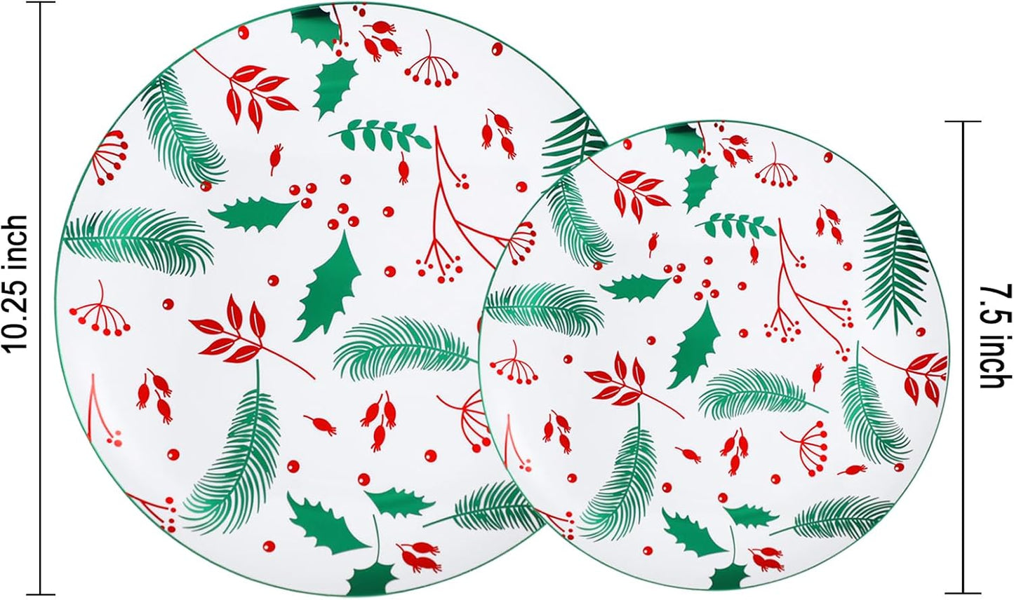 NOCCUR 60PCS Christmas Disposable Plates - Green & Red Plastic Dinner Plates, 30 Dinner & 30 Salad Plates - Pine Needle & Berry Design, Heavy Duty for Christmas Parties