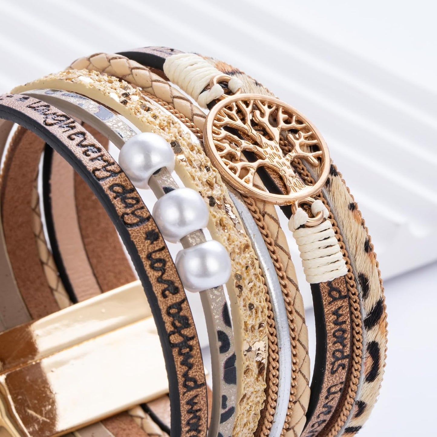 FANCY SHINY Tree of Life Leather Wrap Bracelet Inspirational Cuff Bangles Boho Pearl Bracelets with Magnetic Clasp Unique Jewelry Gifts for Women