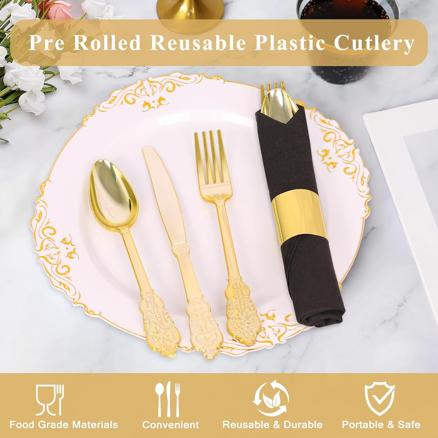 50 Pack Pre Rolled Gold Plastic Silverware Set,Fancy Wrapped Plastic Cutlery Set with Napkin Include 50 Forks,50 Spoons,50 Knives and 50 Black Napkins for Party, Wedding