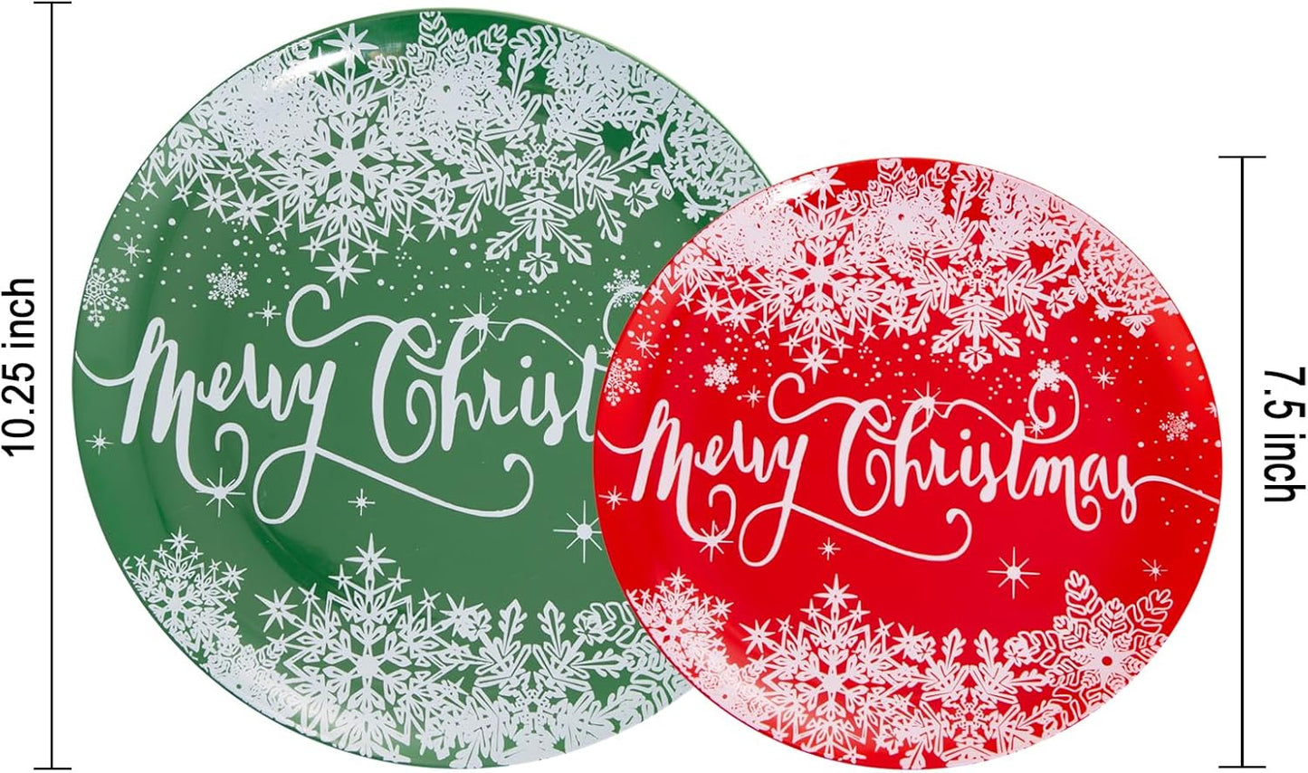 Rubtlamp 60Pcs Christmas Plastic Plates, Red Disposable Plates with Snowflake, Green Plastic Plates, Christmas Party Plates Include 30 Red Dessert Plates, 30 Green Dinner Plates