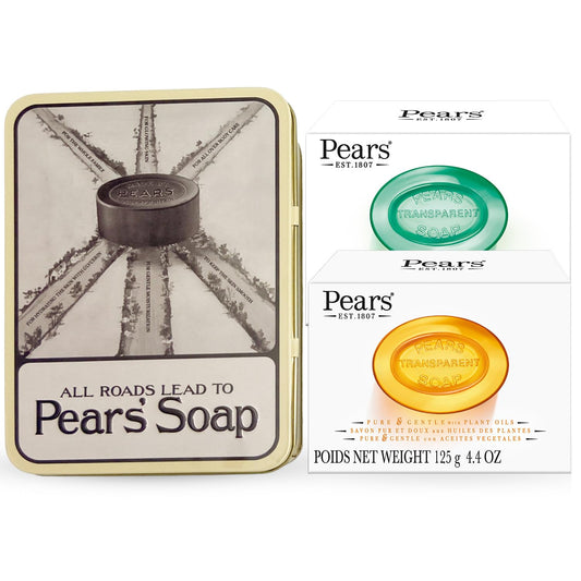Pears Soap Gift Set, Vintage Tin with 2 Transparent Glycerin Soaps (Amber & Green) for Glowing Skin, 4.4 Oz Ea