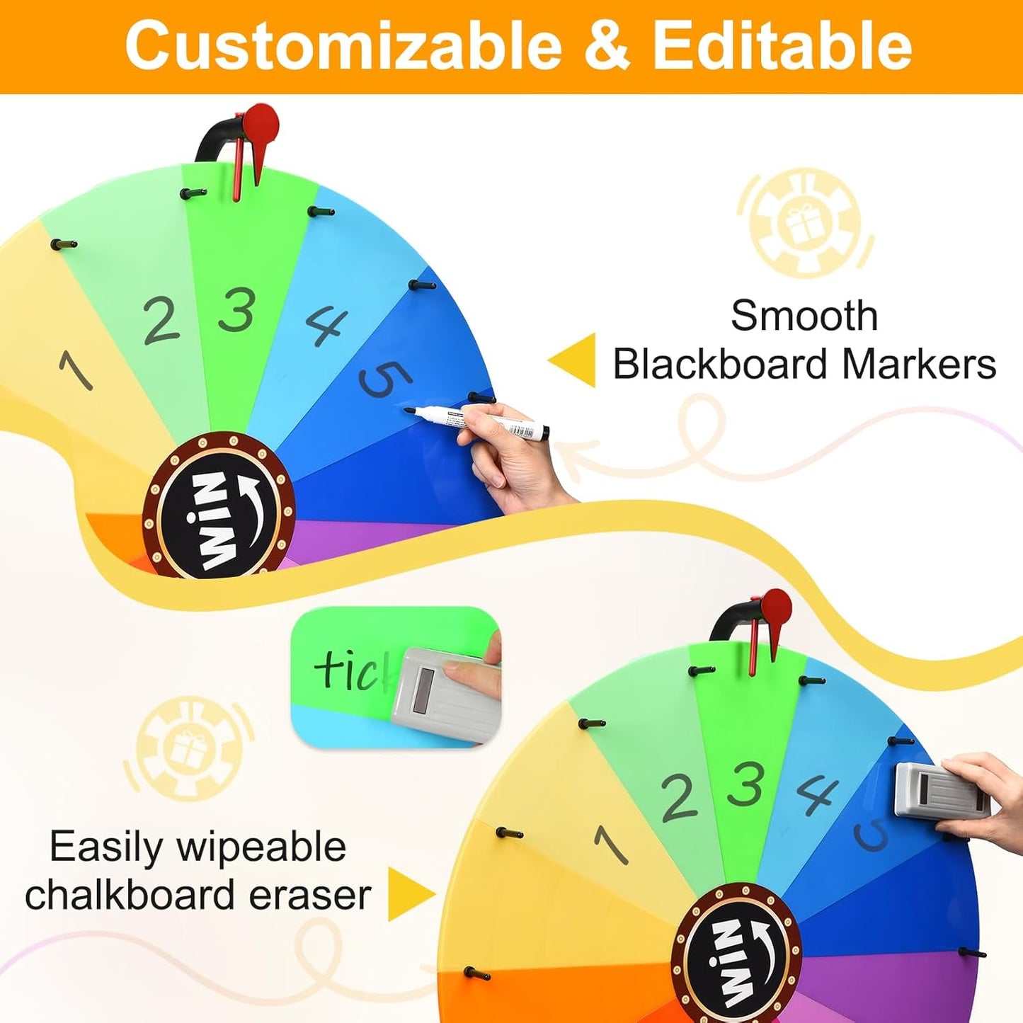 GADFISH 24-inch Tabletop Spinning Prize Wheel, Spin Doodle Game Spinner, Storable Prize Wheel Spinner with Stand, Wheel of Fortune Game, Suitable for Family Games, Party Games, 14 Colors