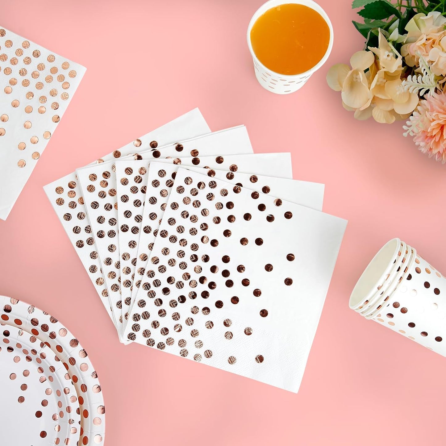 White and Rose Gold Party Supplies - 350 PCS Disposable Dinnerware Set - White Paper Plates Napkins Cups, Gold Plastic Forks Knives Spoon for Graduation, Birthday, Thanksgiving, Cocktail Party