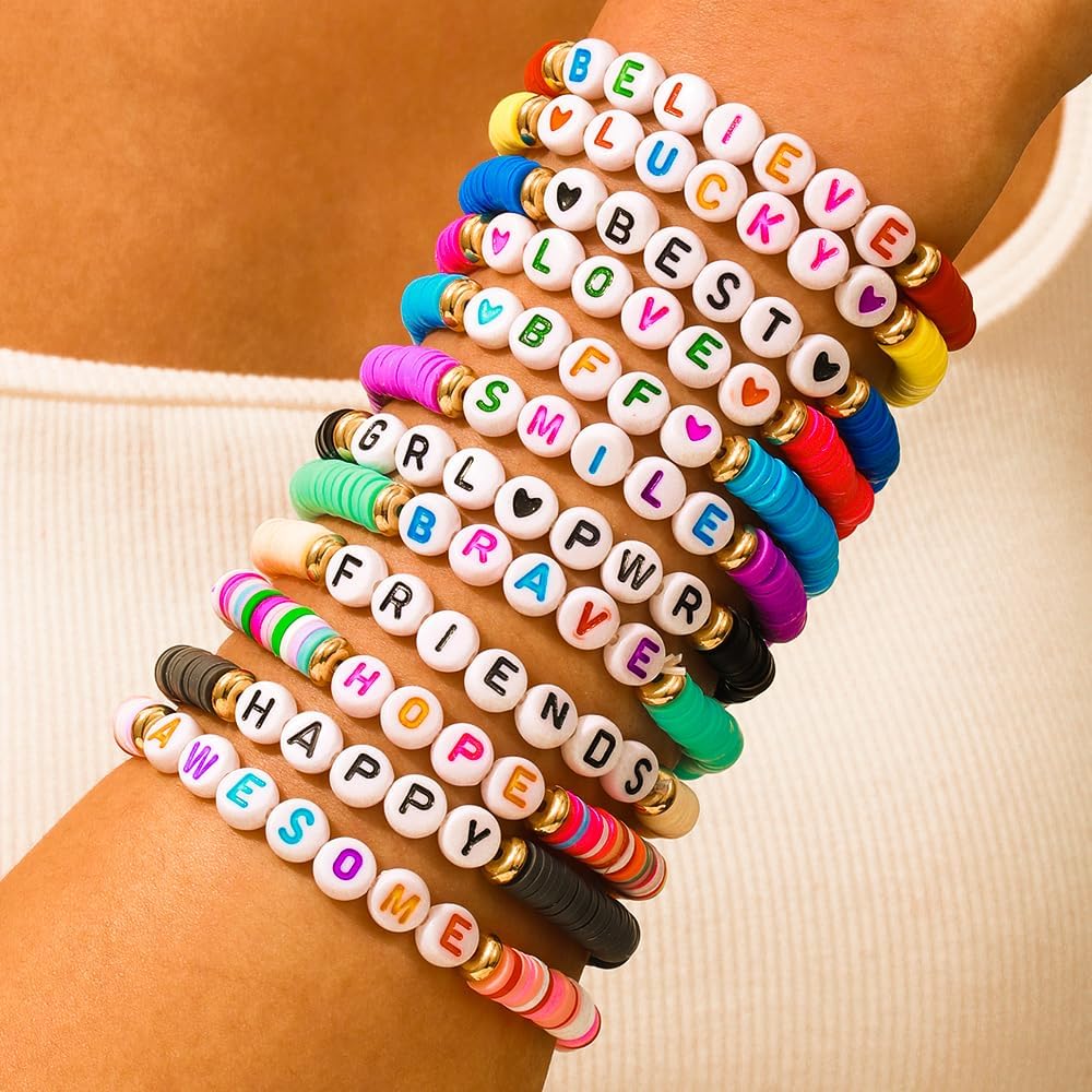 Heishi Surfer Clay Bead Bracelets Set for Women - Preppy Smile Evil Eye Beaded Stretch Bracelets Elastic Layering Friendship Bracelets- Stackable Boho Disc Summer Jewelry Set