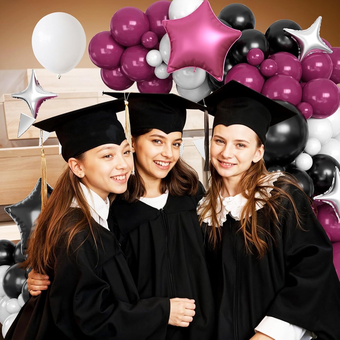 Burgundy Black White Balloons Arch Kit with Star Balloon Pennant Flag Bunting 2025 Foil Balloon Banner Maroon Balloons Garland for Class of 2025 Graduation Theme Birthday Party Supplies