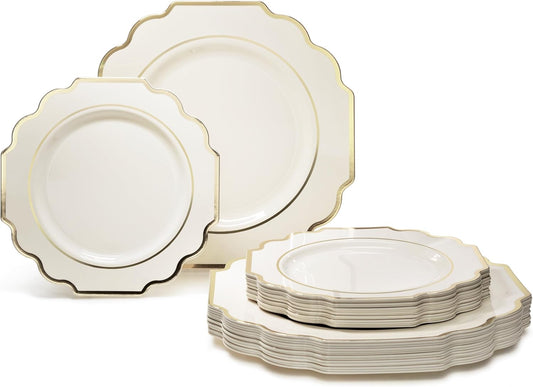 " OCCASIONS " 50 Plates Pack (25 Guests)-Heavyweight Wedding Party Disposable Plastic Plate Set -(25x10.5'' Dinner + 25x8'' Salad/Dessert) (Imperial Ivory & Gold)