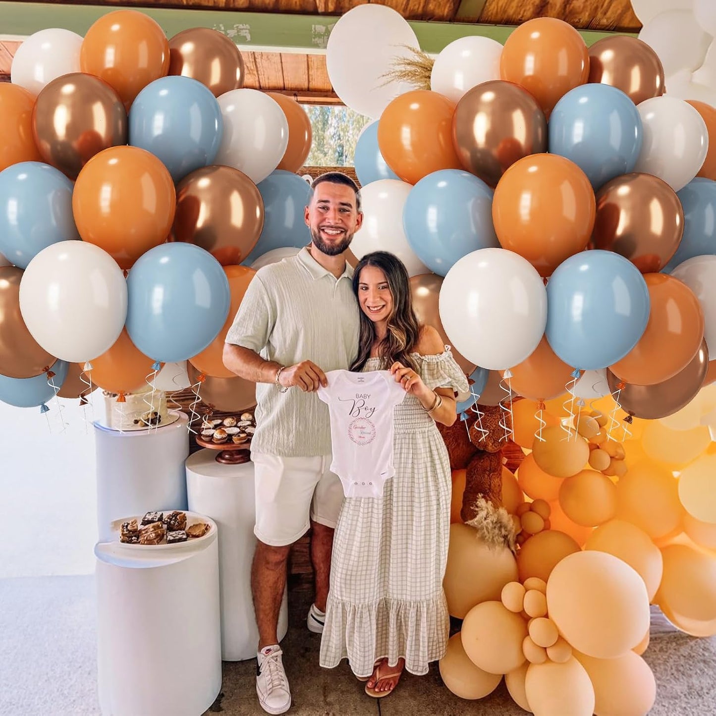 Burnt Orange and Blue Balloons, Fall Terracotta Retro Dusty Blue White Metallic Gold Latex Party Balloons Autumn Thanksgiving Balloon for Wedding Baby Shower Friendsgiving Birthday Party Decorations