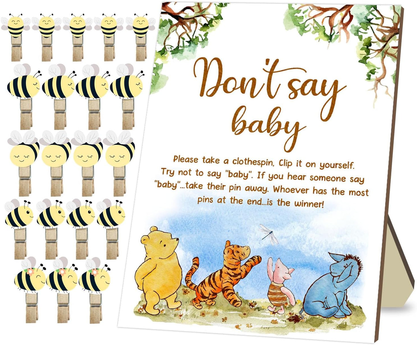 Winnie Don't Say Baby Game Set, 21Pcs Winnie Baby Shower Game Set, Don't Say Baby Game Sign and 20 Mini Bee Clothespins, Baby Shower Birthday Party Decorations Supplies