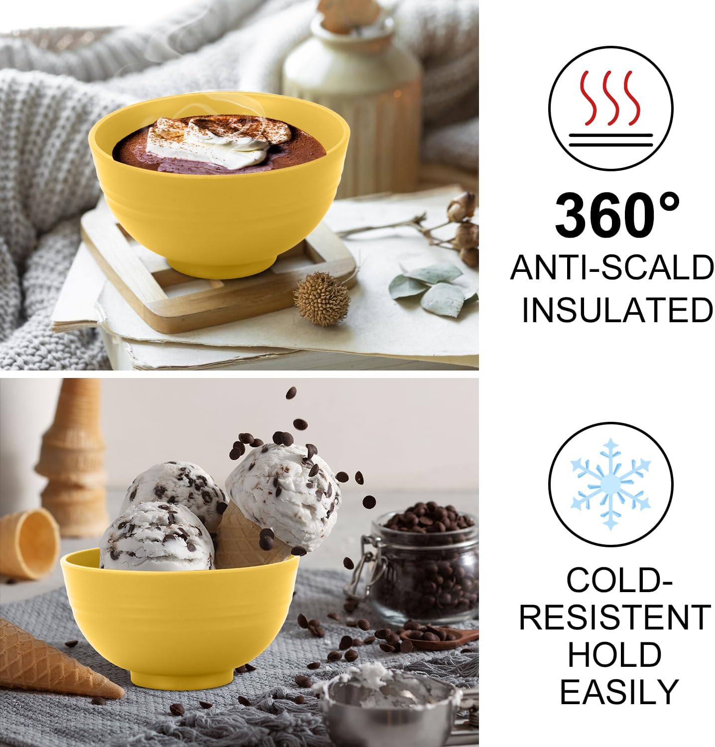 Wrova wheat straw icecream bowls 10oz set of 8 - Unbreakable Dessert Bowls Freezer Safe - Small Bowls for Yogurt,Snack and Fruits. Yellow