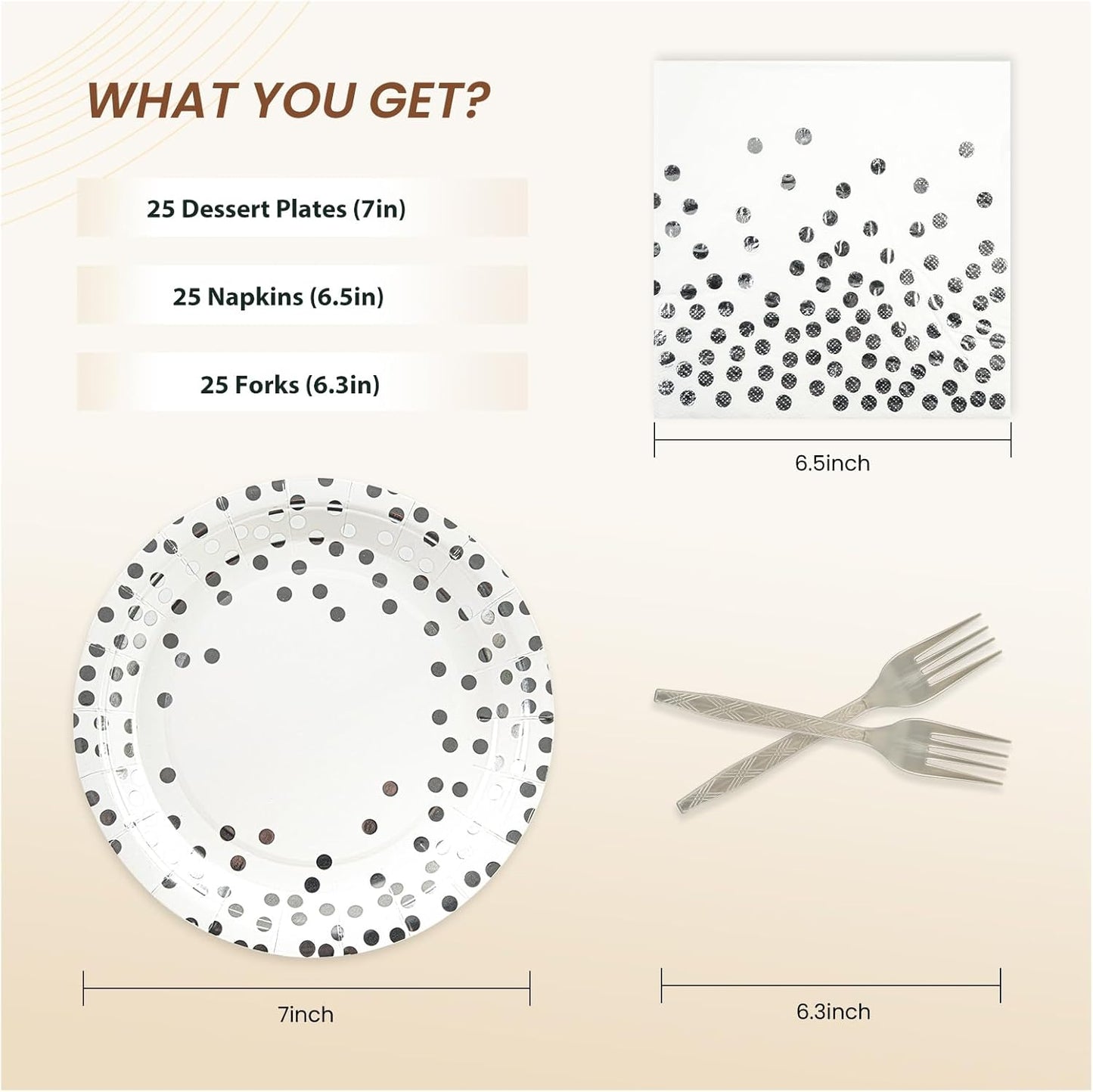 75PCS Paper Plates and Napkins Set - White and Sliver Dot Disposable Party Dinnerware Includes Paper Plates, Napkins, Forks Decorations for Graduations, Birthdays and Weddings, Serves 25