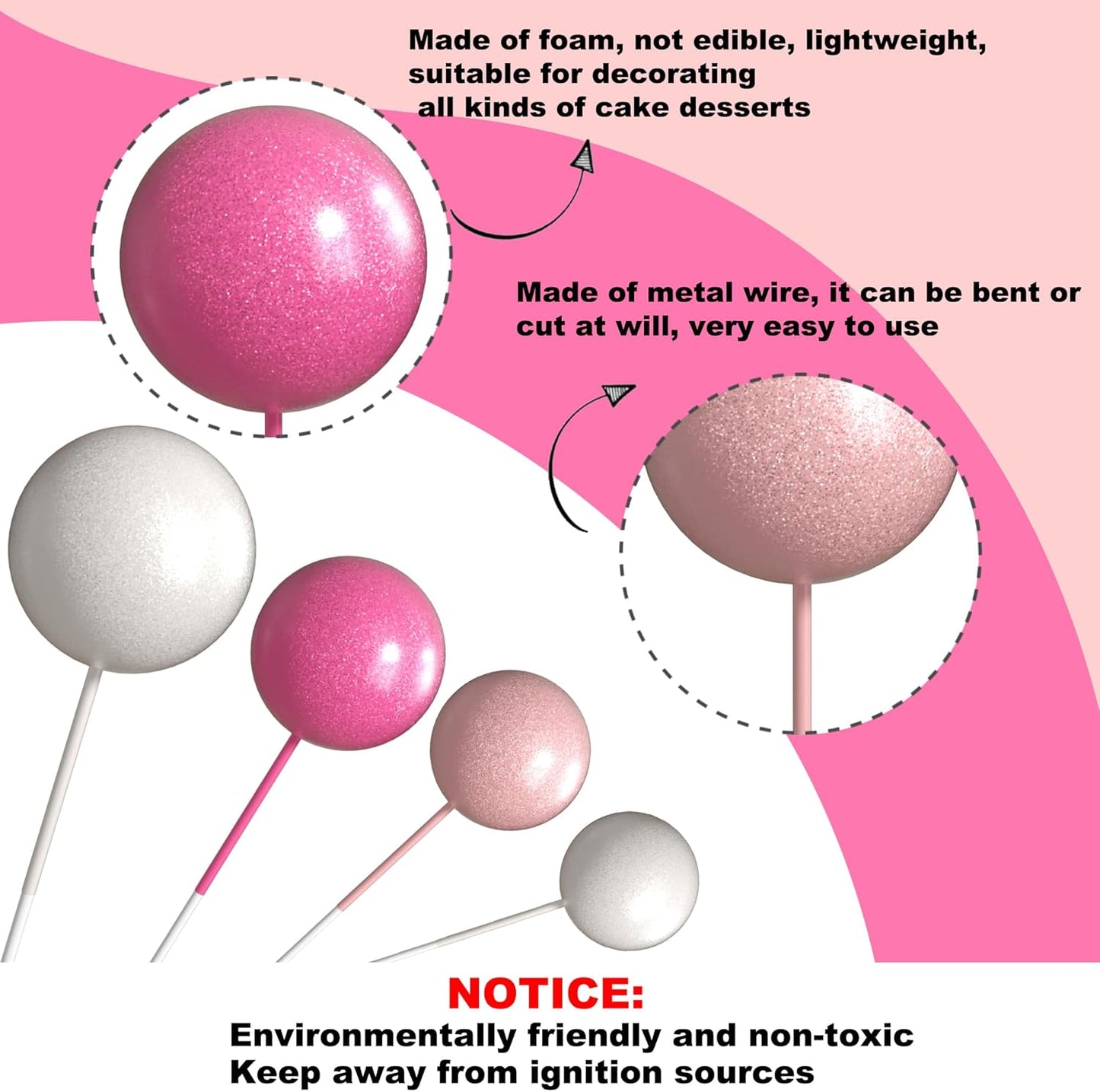 36 Pack Balls Cake Topper Decorations Foam Balloons Cake Decorations Balloons Cake Toppers Balls Cake Picks for Baby Shower Wedding Anniversary Birthday Party Decorations Light Pink Rose Red White