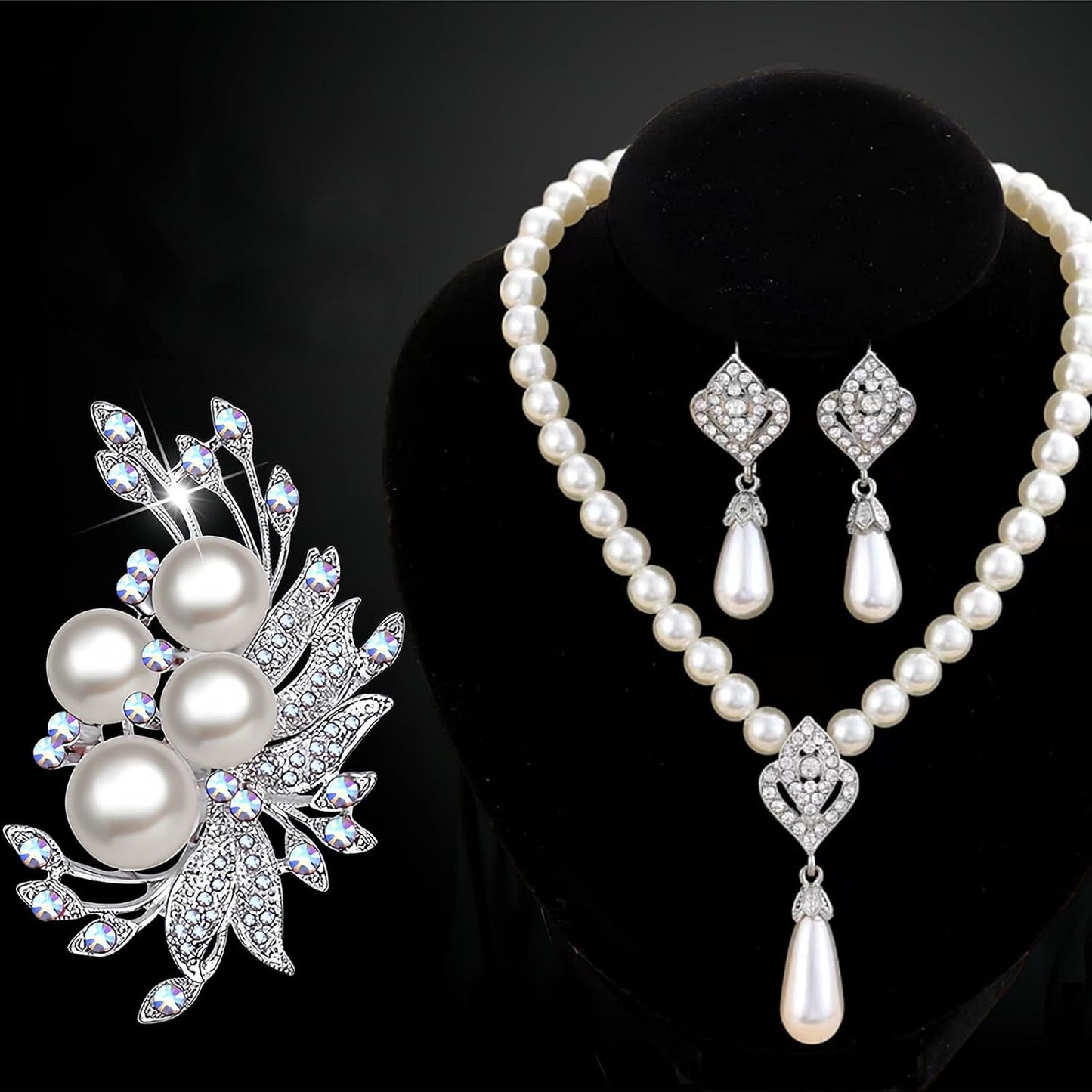 la luen Pearl Bride Wedding Jewelry Set Faux Pearls Crystal Rhinestone Necklace Earrings Bracelet Sets for Women Bridesmaid(3 PCS)