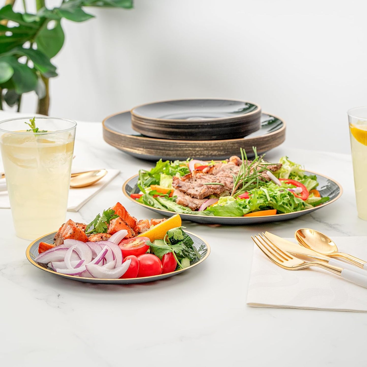 Restaurantware Plastic Plates 40 Pcs 7.13" and 10" Combo Gold Rimmed Plate Set Disposable Heavy-Duty Black Translucent Rippled Plastic Dinner Servers for Party, Weddings, Salads, Desserts