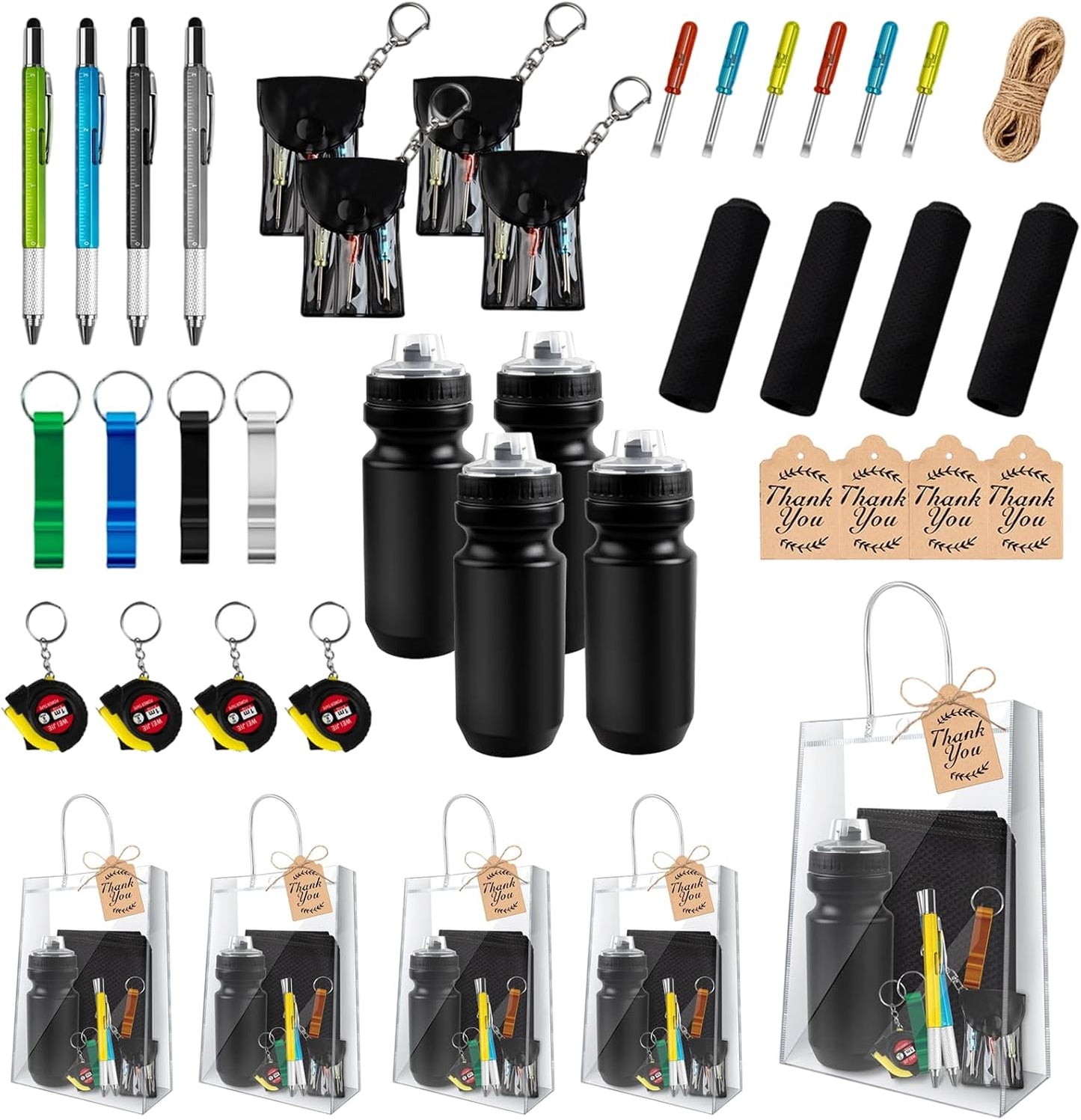 4 Sets Baby Shower Prizes for Men with Kettle Ruler Pen Cooling Towel Tool Kit Bottle Opener Cardboard Hemp Rope Plastic Bag for Baby Shower Game Winners Men Bachelor Party