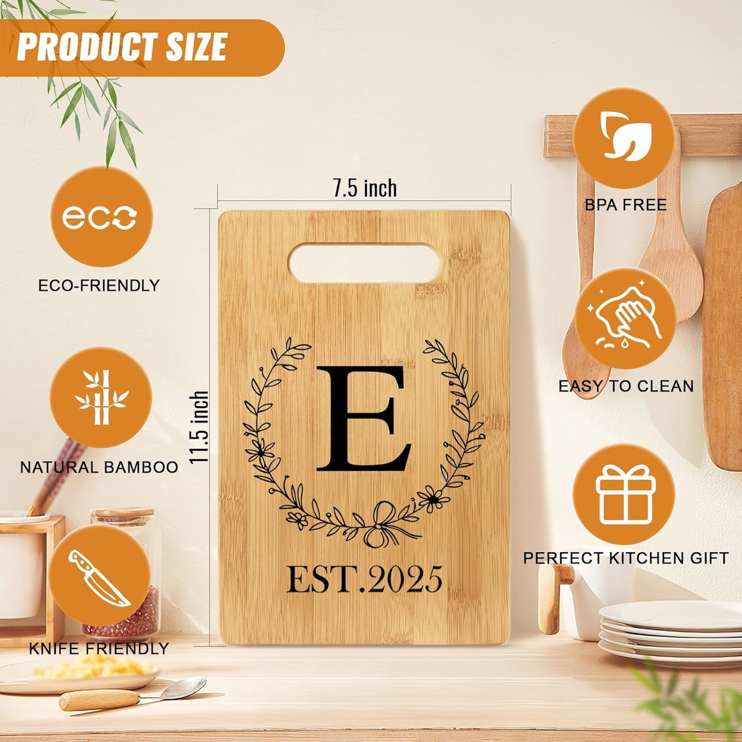 Personalized Cutting Board, Monogrammed Wedding Gift for Couple Newlywed 2025, Initial Birthday Gifts for Women, Gift for Bridal Shower Wedding Shower Engagement Anniversary Housewarming(Letter-E)